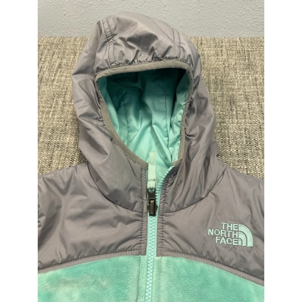 North Face Jacket Girls XL‎ Green Fuzzy Reversible Hooded Colorblock Windbreaker